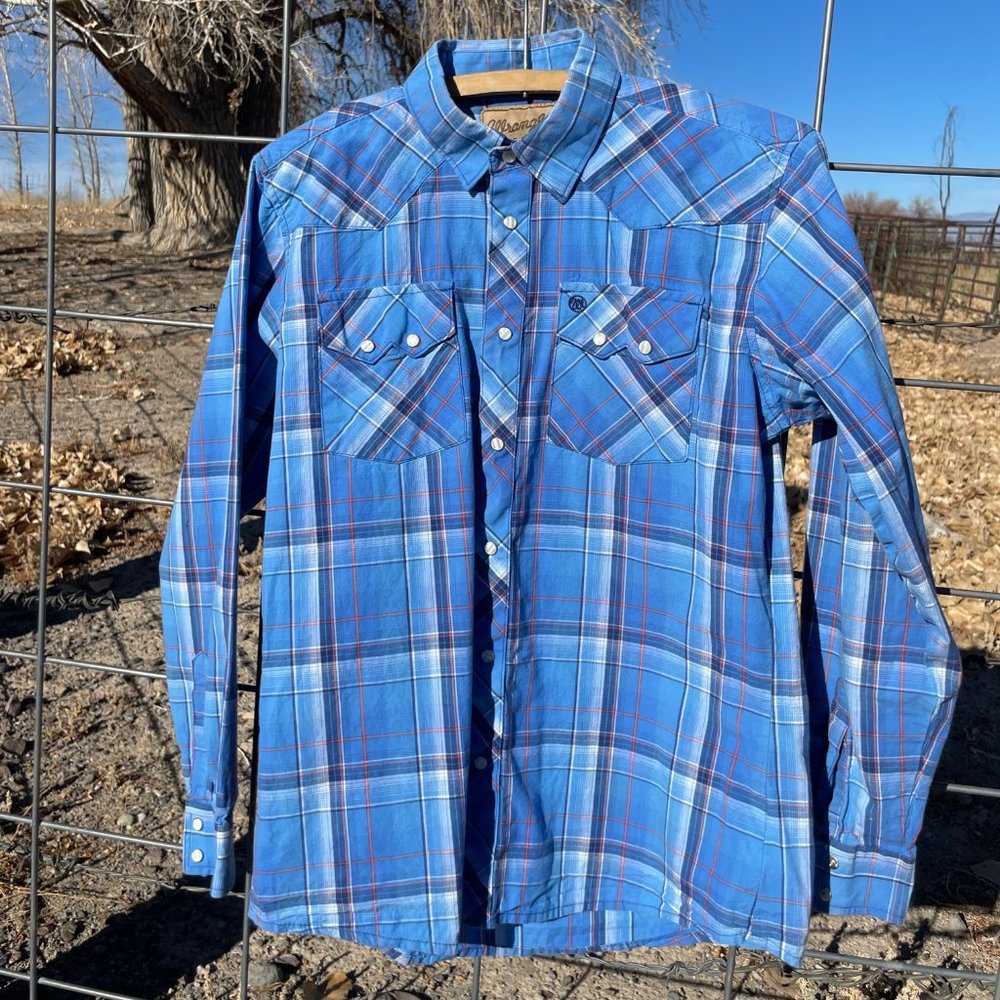Wrangler Kid's Retro Western Blue Plaid Shirt with Pearl Snaps XL
